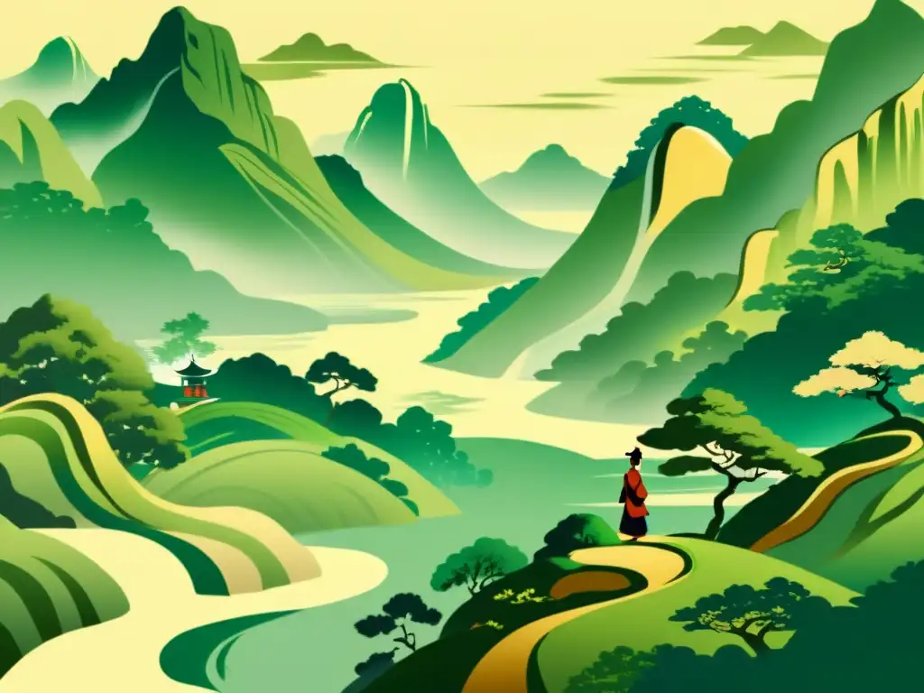 Un paisaje de montaña chino con figura contemplativa y pagodas, en colores terrosos