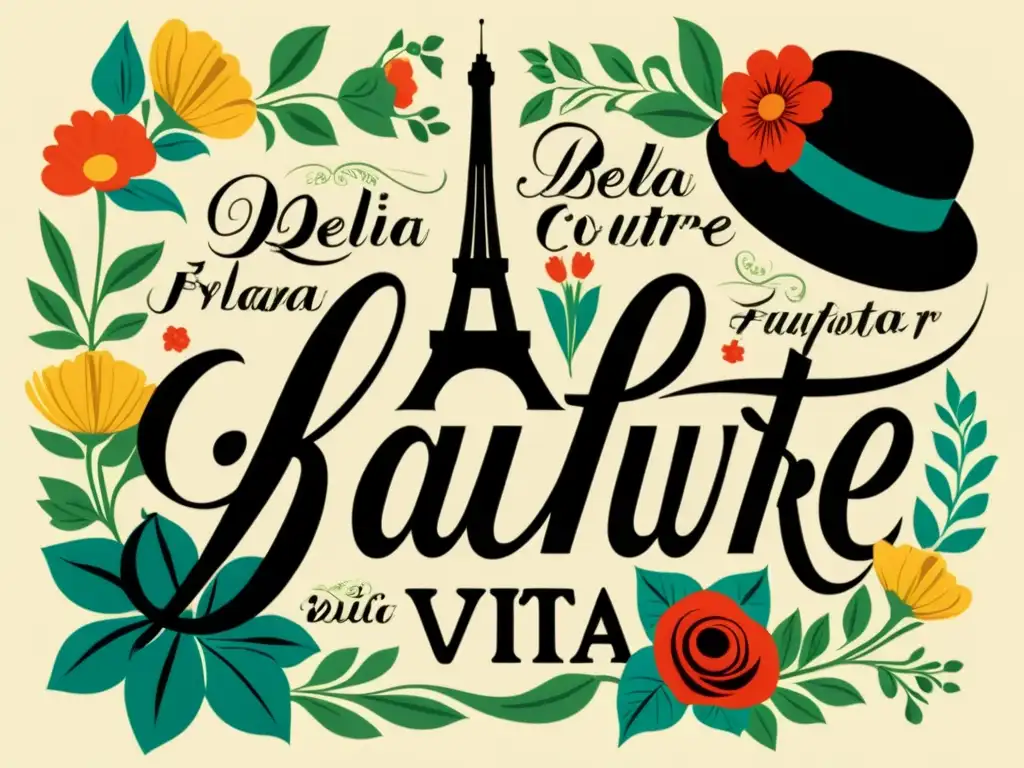 Ilustración vintage con palabras de moda en francés e italiano, acompañadas de detalles ornamentales y paisajes icónicos