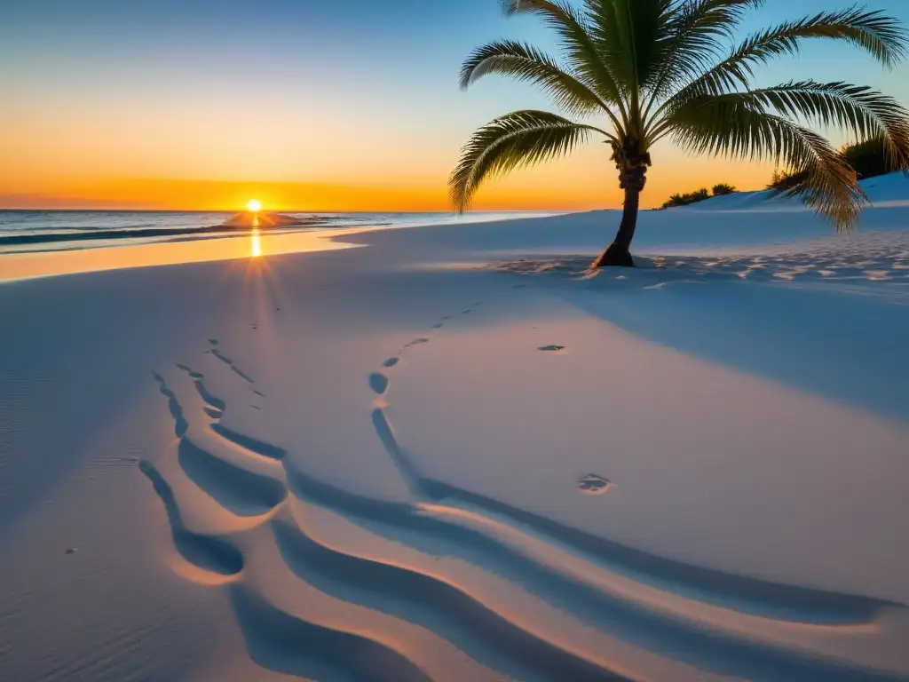 Un paraíso costero al atardecer, con una playa serena bañada por cálida luz dorada