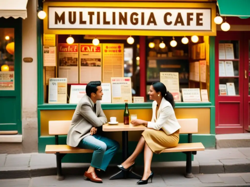 Una pareja disfruta de una animada conversación en un café al aire libre, rodeada de carteles multilingües