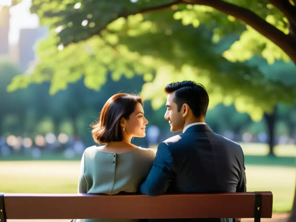 Una pareja en un banco del parque, disfrutando de una íntima conexión mientras la luz del sol baña la escena