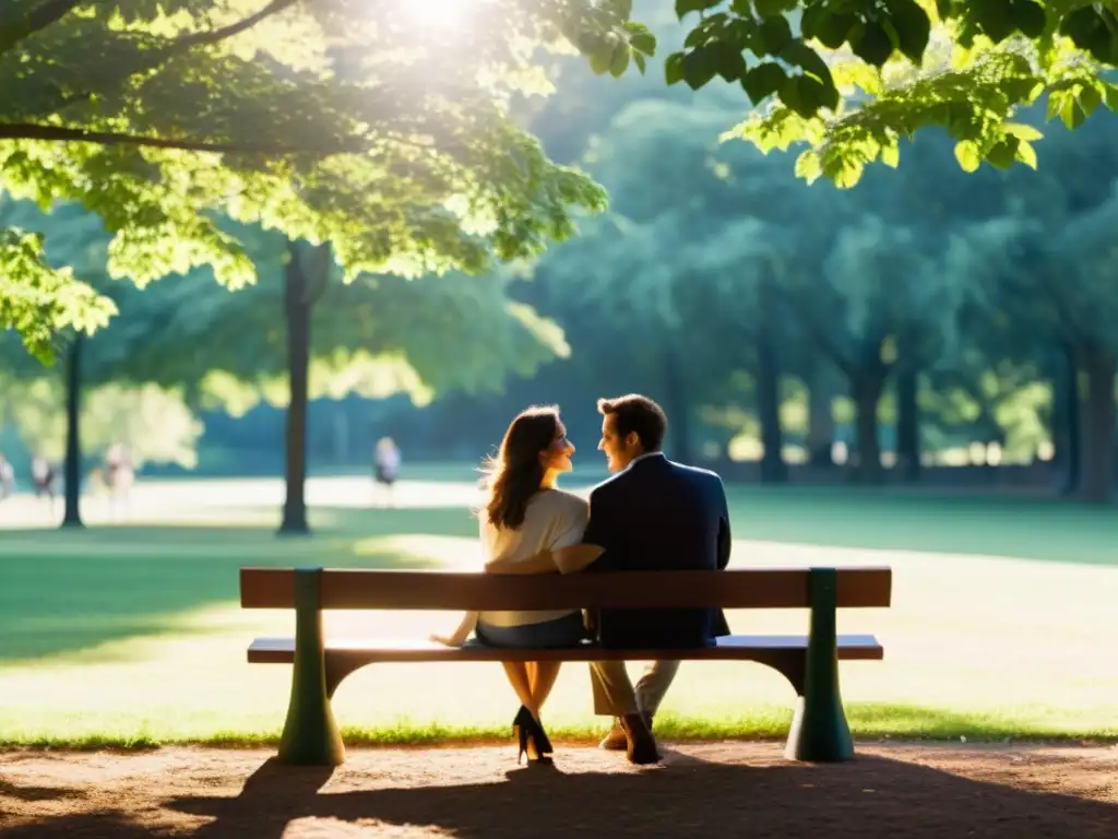 Una pareja disfruta de una cálida conversación en el parque, mostrando una comunicación romántica influenciada por género