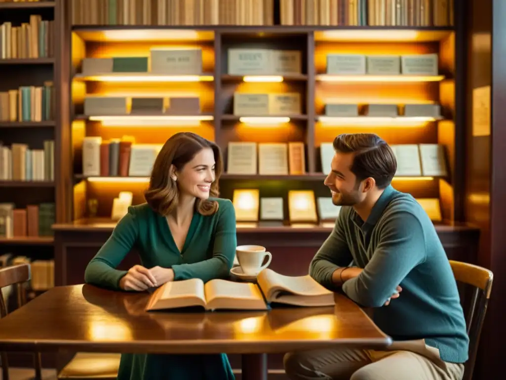 Una pareja disfruta de intercambios románticos en idiomas en un café vintage rodeados de libros antiguos