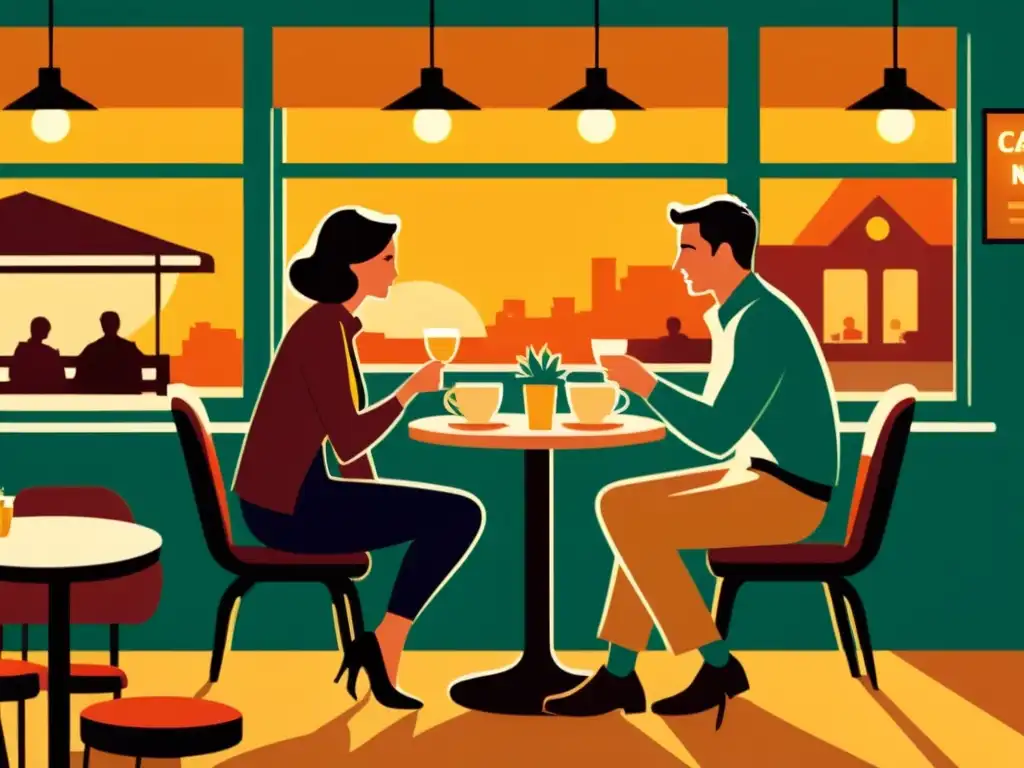 Una ilustración vintage de una pareja disfrutando de intercambios románticos en idiomas en una acogedora cafetería