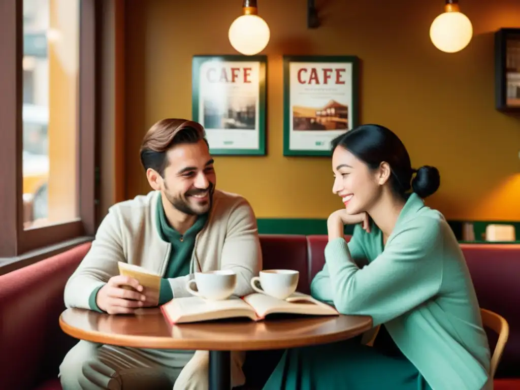 Una pareja disfruta de un íntimo intercambio romántico en idiomas en un acogedor café vintage, rodeados de libros y materiales de aprendizaje