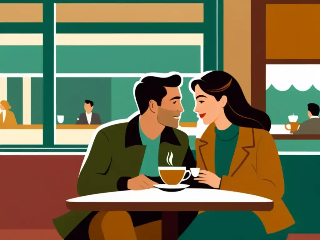 Una pareja romántica disfruta de un intercambio de idiomas en un acogedor café