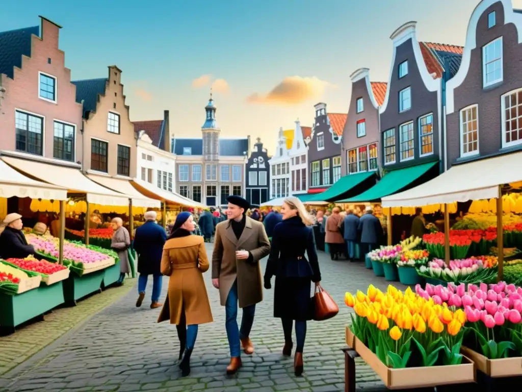 Partículas modales en holandés: animada charla en bullicioso mercado al aire libre, arquitectura tradicional y tulipanes coloridos