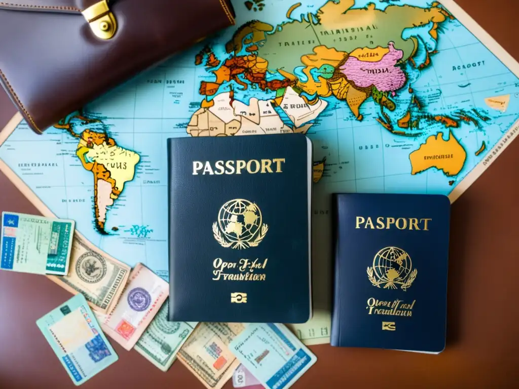 Un pasaporte antiguo con sellos de diversos países y una traducción jurada de documentos extranjeros, sobre un maletín de cuero gastado, rodeado de documentos oficiales con sellos extranjeros en un escritorio vintage con un mapa mundial de fondo