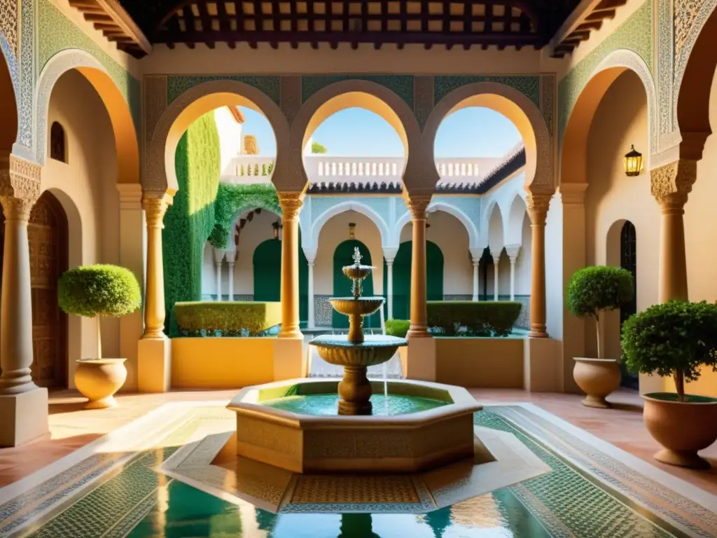 Exquisito patio español con influencia morisca Un patio español exquisitamente ornamentado con influencias arquitectónicas árabes