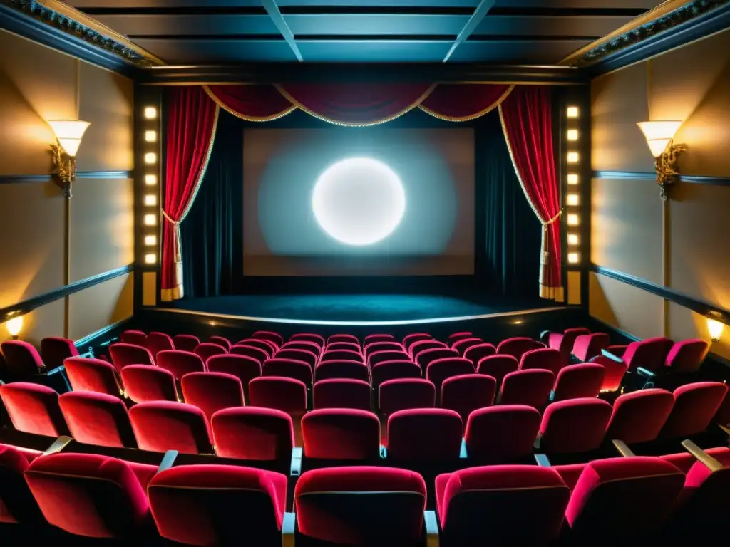 Una película clásica en un teatro vintage con cortinas de terciopelo rojo y un cálido resplandor proyectado sobre la audiencia