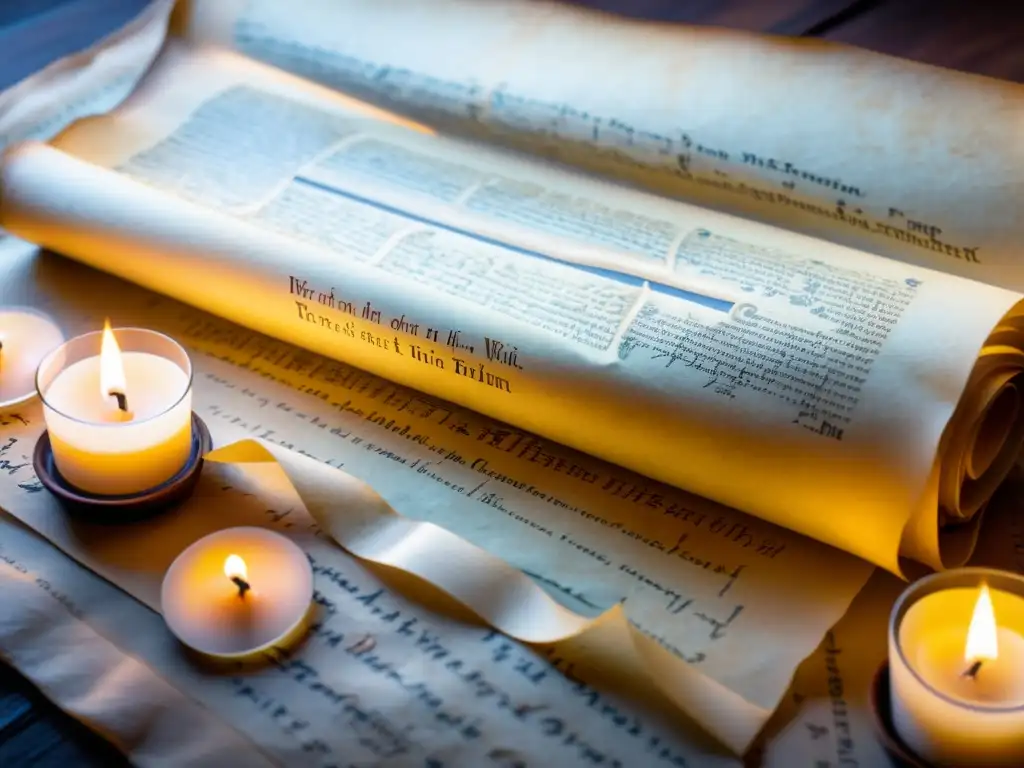 Antiguo pergamino con caligrafía enigmática y sabiduría eterna Un pergamino antiguo desplegándose bajo la suave luz de las velas, revelando un texto calligráfico