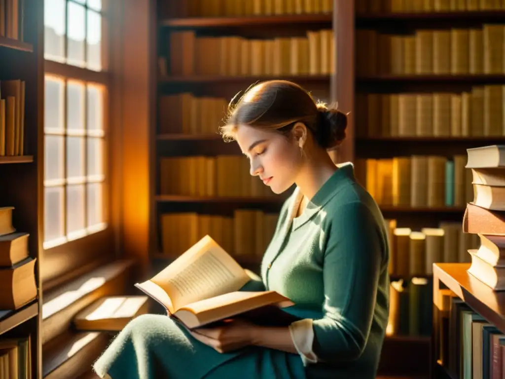 Persona leyendo en acogedora biblioteca vintage, rodeada de libros antiguos, bañada por cálida luz