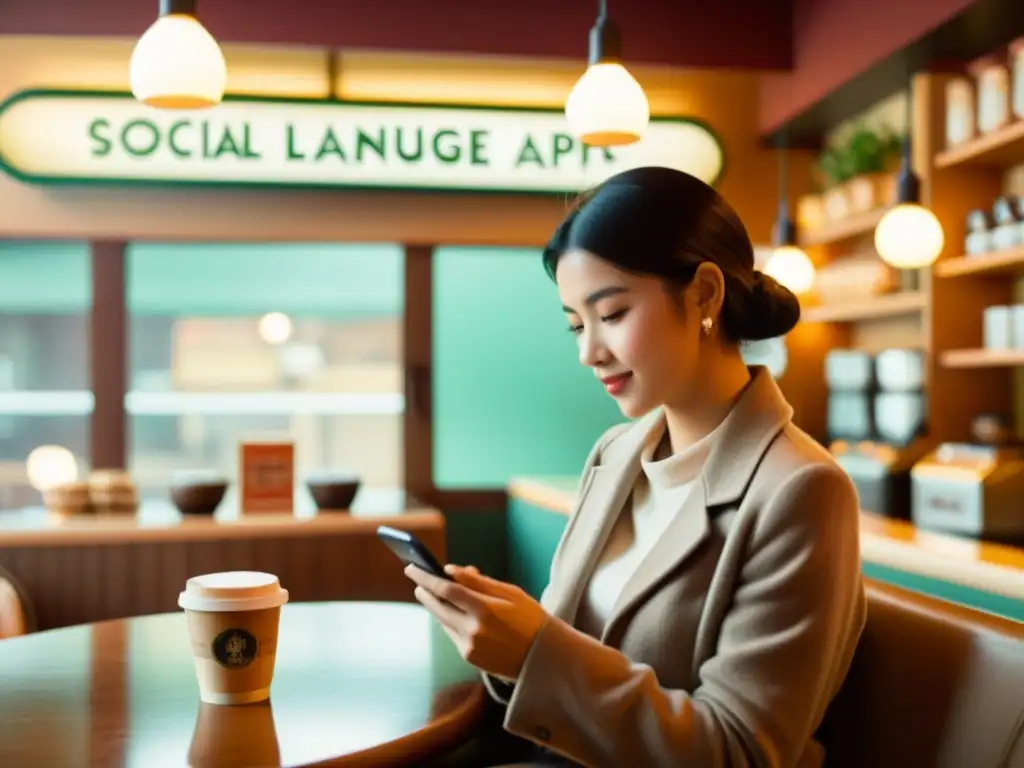 Persona en acogedora cafetería usando aplicaciones para aprender idiomas en redes sociales, ambiente cálido y retro