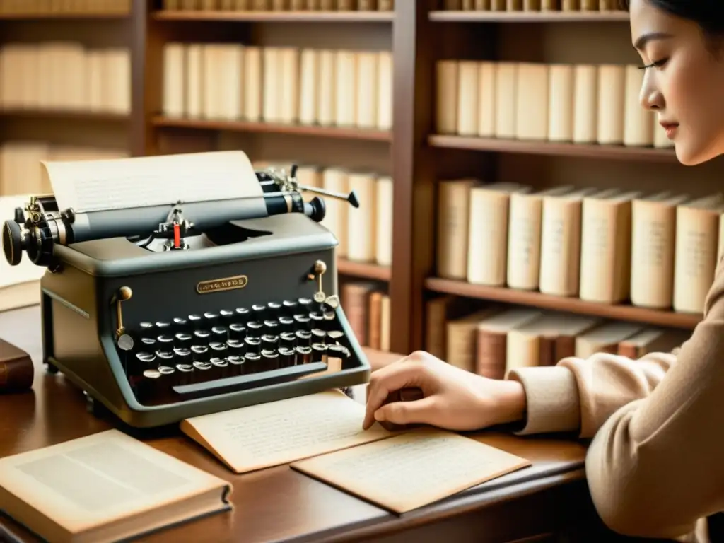 Persona escribiendo en una antigua máquina de escribir rodeada de libros y herramientas de aprendizaje de idiomas antiguos