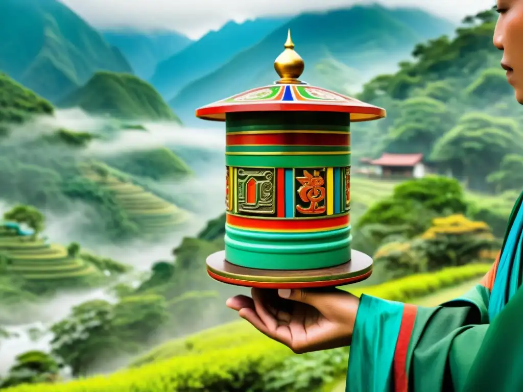 Persona girando una antigua rueda de oración sino-tibetana en medio de montañas neblinosas y exuberante vegetación, reflejando la riqueza cultural y espiritual de la tradición sino-tibetana y su rol de la aspiración en lenguas