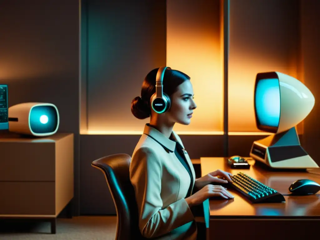 Persona usando aplicaciones ejecutan tareas comandos voz en oficina retrofuturista