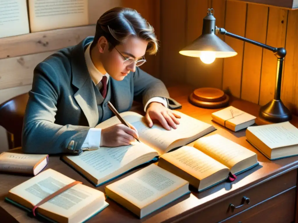 Persona estudiando casos y declinaciones en alemán rodeada de libros y útiles antiguos, en una atmósfera académica cálida y concentrada