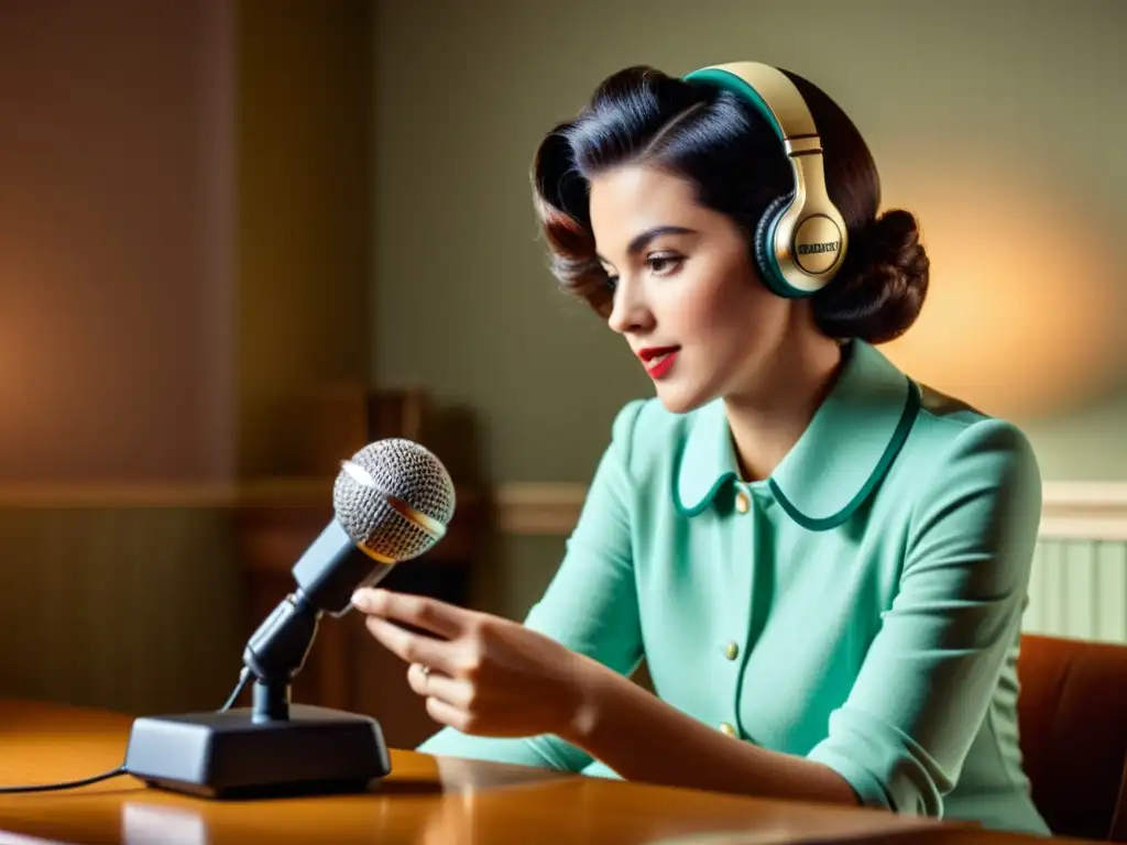 Una persona dicta comandos de voz en aplicaciones mientras usa un micrófono retro en un ambiente vintage de ejecución de tareas