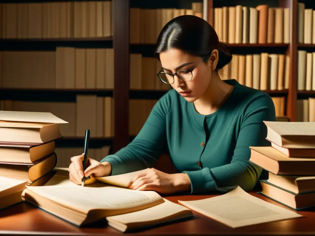 Persona concentrada en estudio, rodeada de libros y papeles, enfrentando desafíos comprensión lenguaje natural