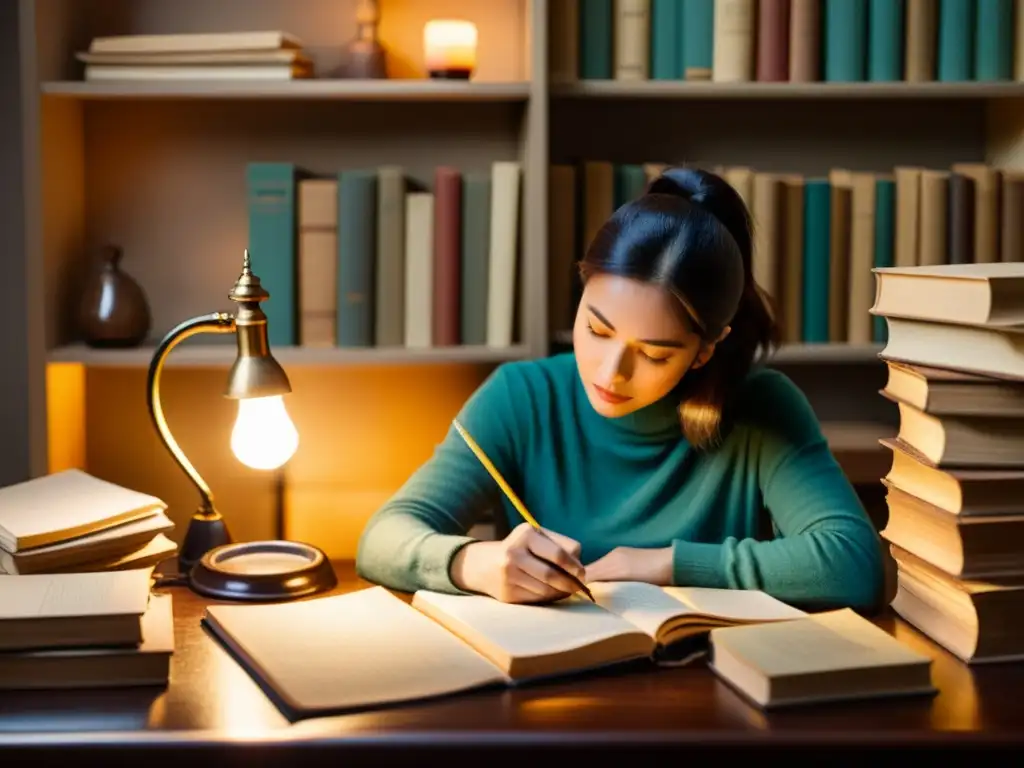 Persona creativa rodeada de libros antiguos y herramientas de escritura, inspirada por la atmósfera nostálgica