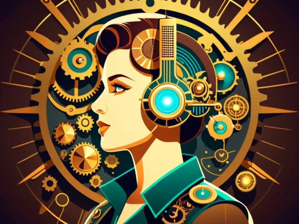 Una ilustración vintage de una persona usando un dispositivo futurista activado por voz, con un diseño intrincado de inspiración steampunk y botones brillantes