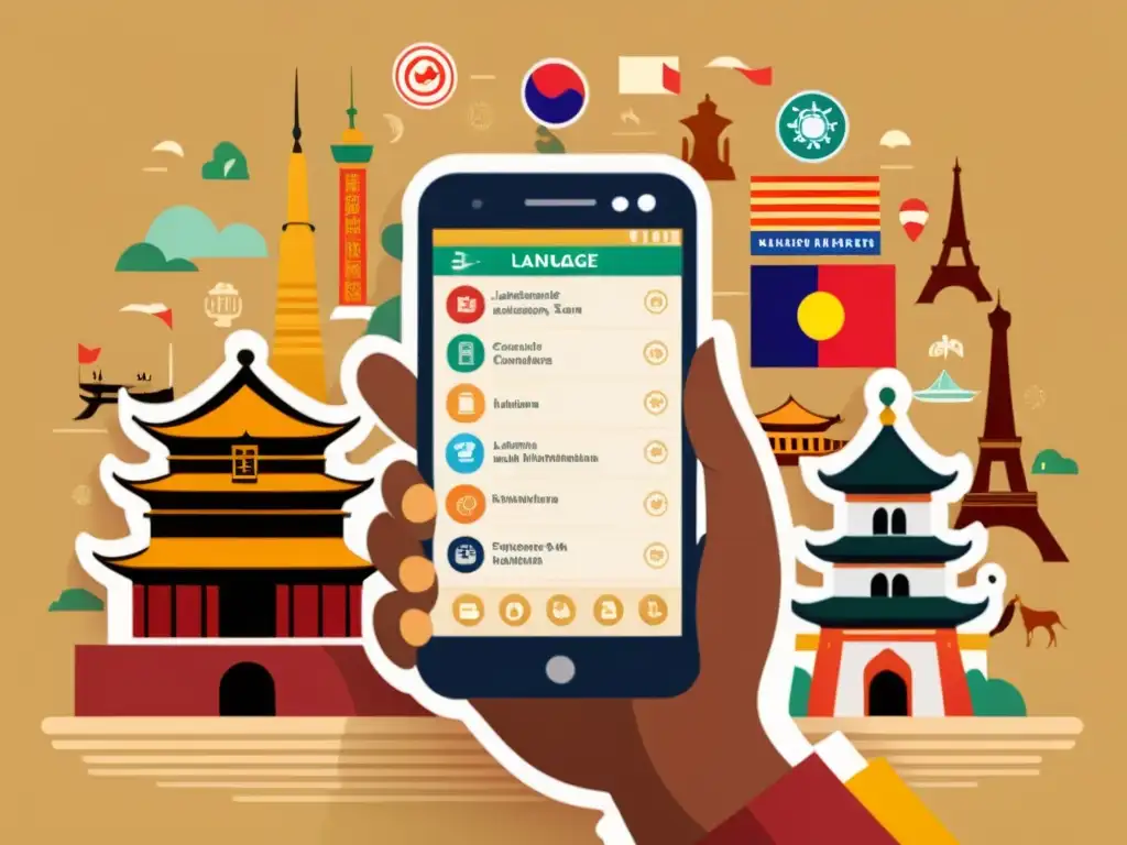 Persona enfocada usando apps de lenguas con contenido cultural en su smartphone, rodeada de símbolos y monumentos culturales del mundo
