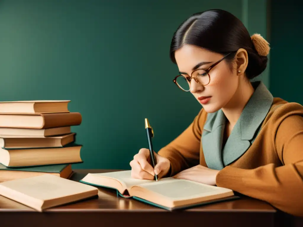 Persona escribiendo en un escritorio con libros antiguos y gafas retro, evocando nostalgia y conocimiento atemporal