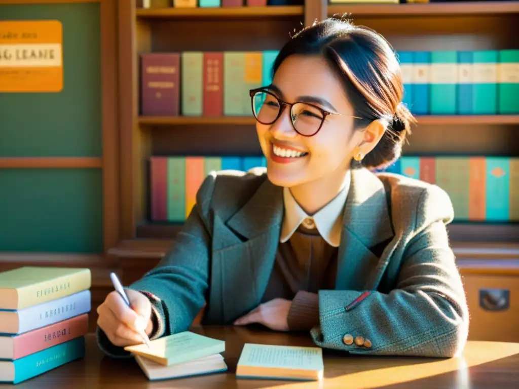 Persona feliz aprendiendo vocabulario con técnicas divertidas