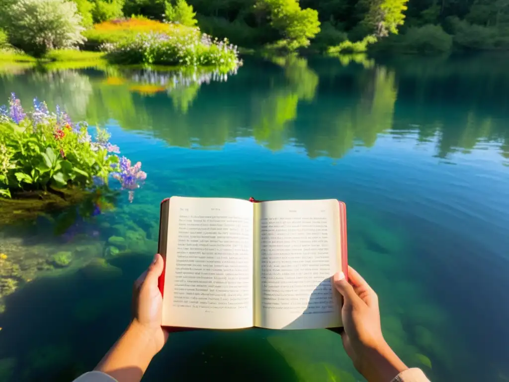 Persona aprendiendo idioma inmersión total en lago cristalino rodeado de naturaleza exuberante y paz concentrada