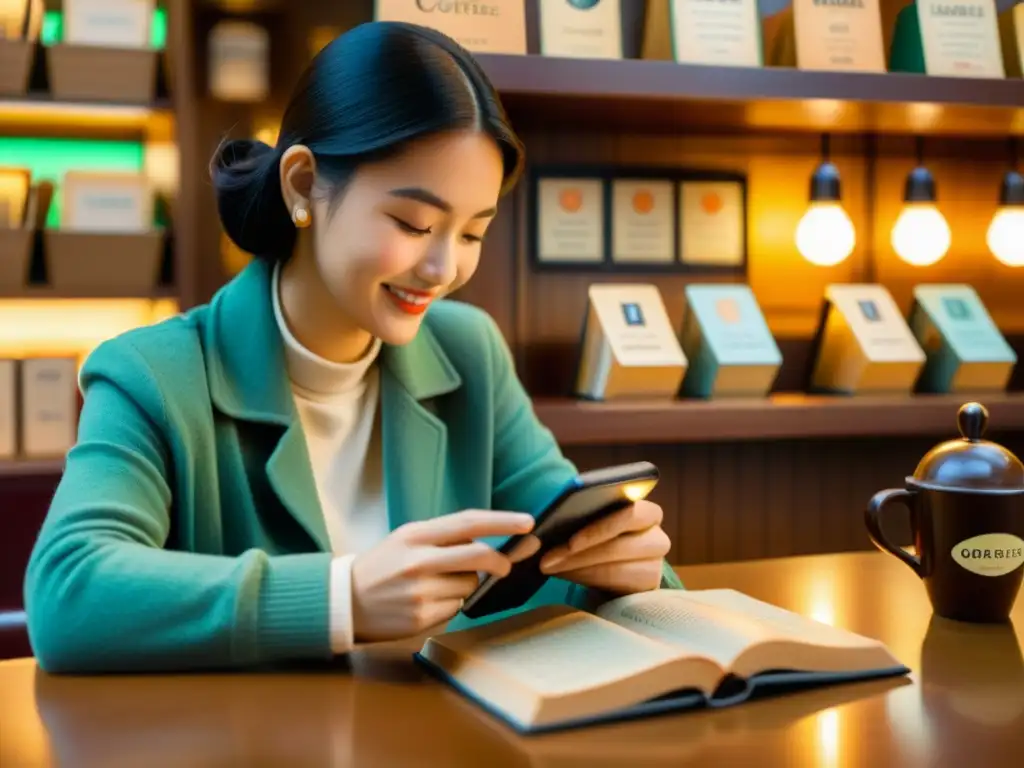 Persona aprendiendo idiomas en café vintage con libros y aplicación para aprender idiomas en smartphone retro