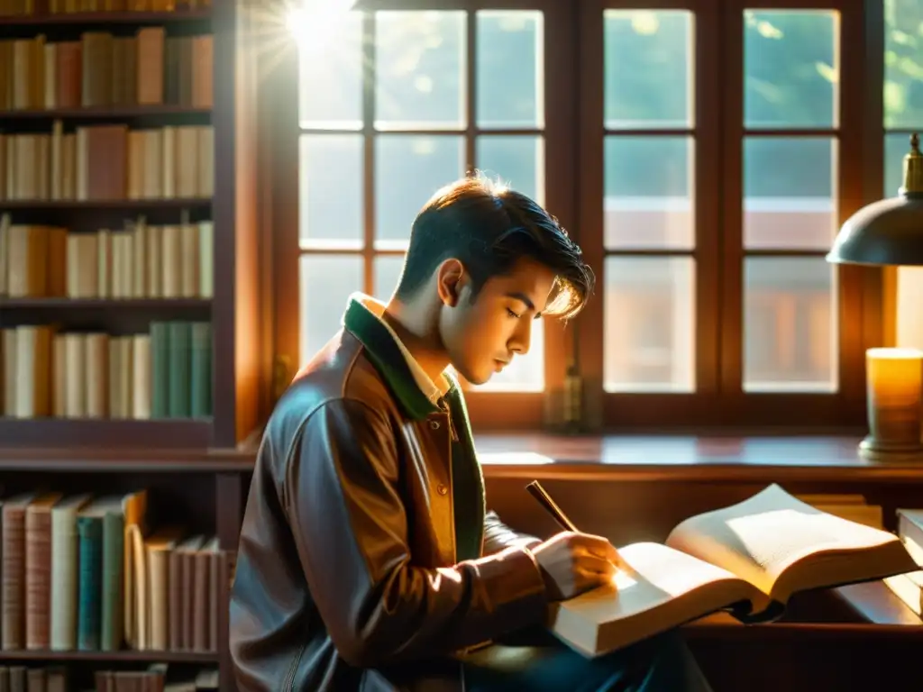 Persona inmersa en la lectura en una biblioteca vintage, rodeada de libros antiguos y papeles, bañada por cálida luz solar