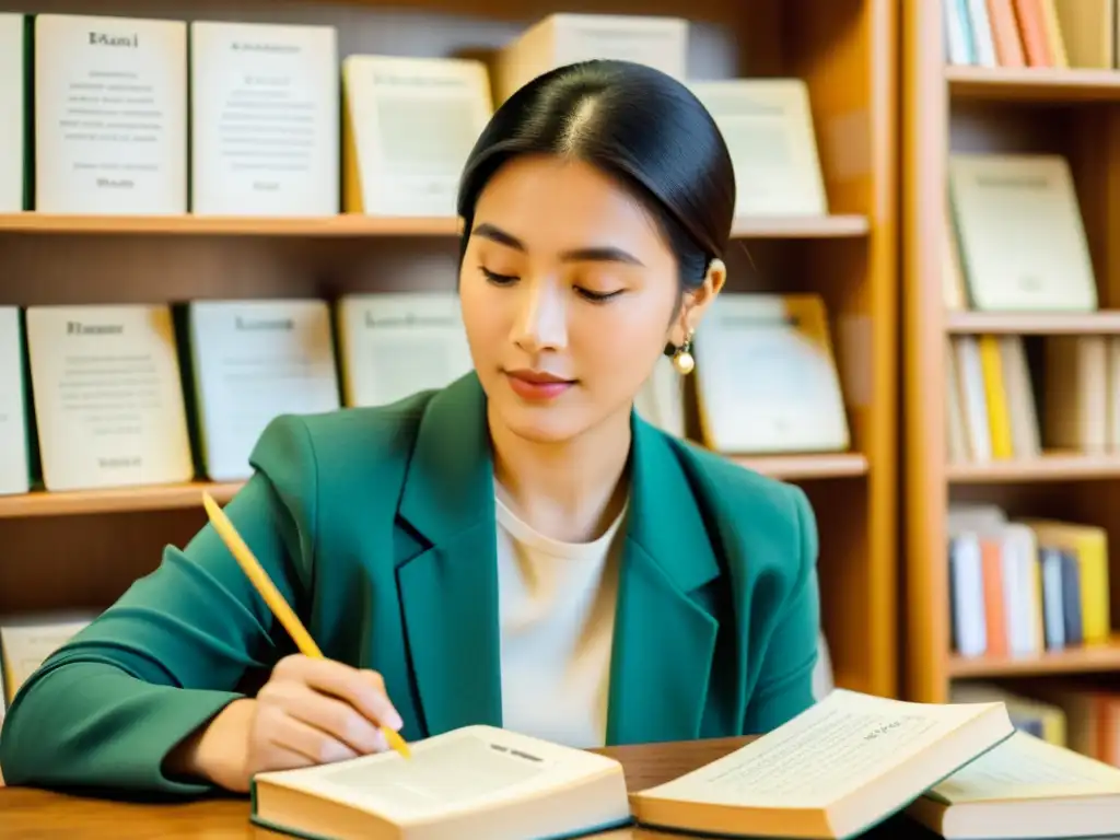 Persona inmersa en programa de idiomas rodeada de libros, tarjetas y materiales de aprendizaje