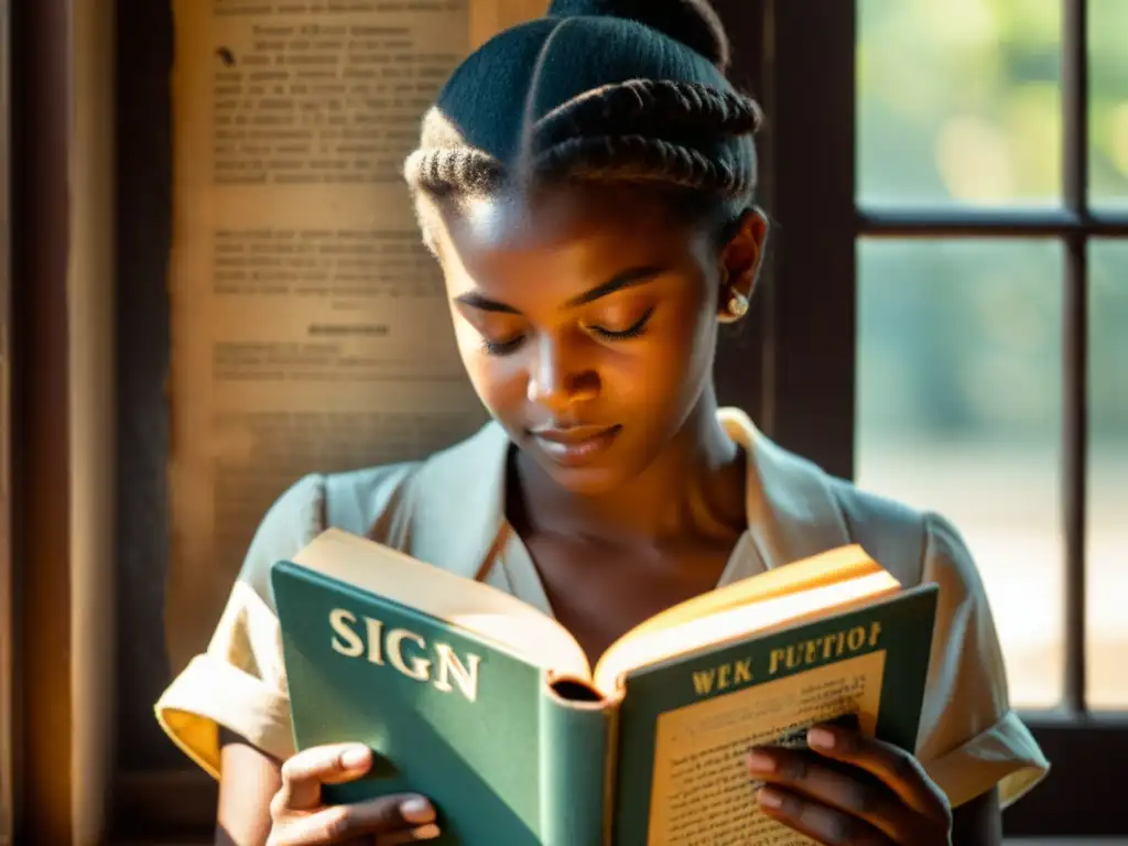 Persona aprendiendo lenguaje de señas en libro antiguo, con determinación y luz cálida, evocando la búsqueda atemporal del conocimiento