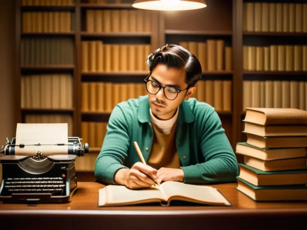 Persona escribiendo en máquina de escribir rodeada de libros antiguos, evocando nostalgia e exploración intelectual