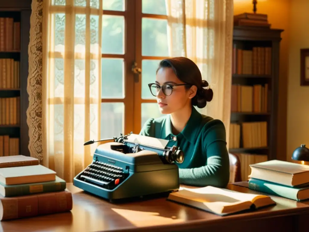 Persona traduciendo con máquina de escribir rodeada de libros antiguos en una habitación acogedora