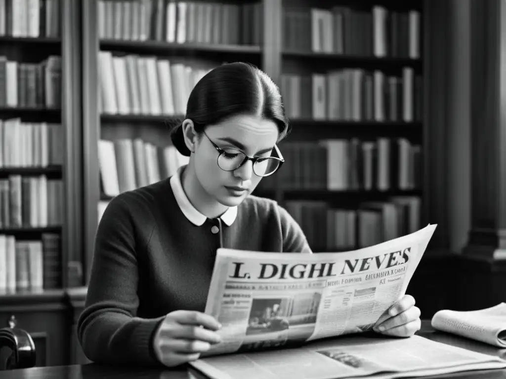 Persona leyendo un periódico con lupa, reflejando concentración e influencia de la traducción en la percepción