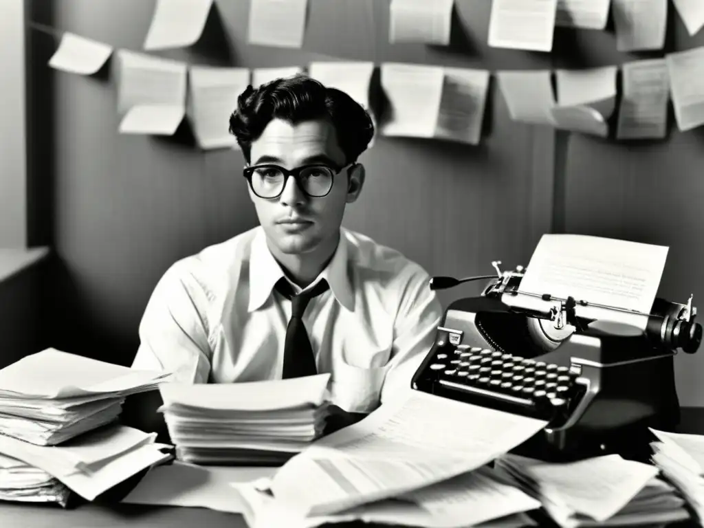 Retrato vintage de escritor frustrado con papeles Persona reflexiva en máquina de escribir rodeada de papeles arrugados, reflejando el desafío de captar sarcasmo y humor en NLP