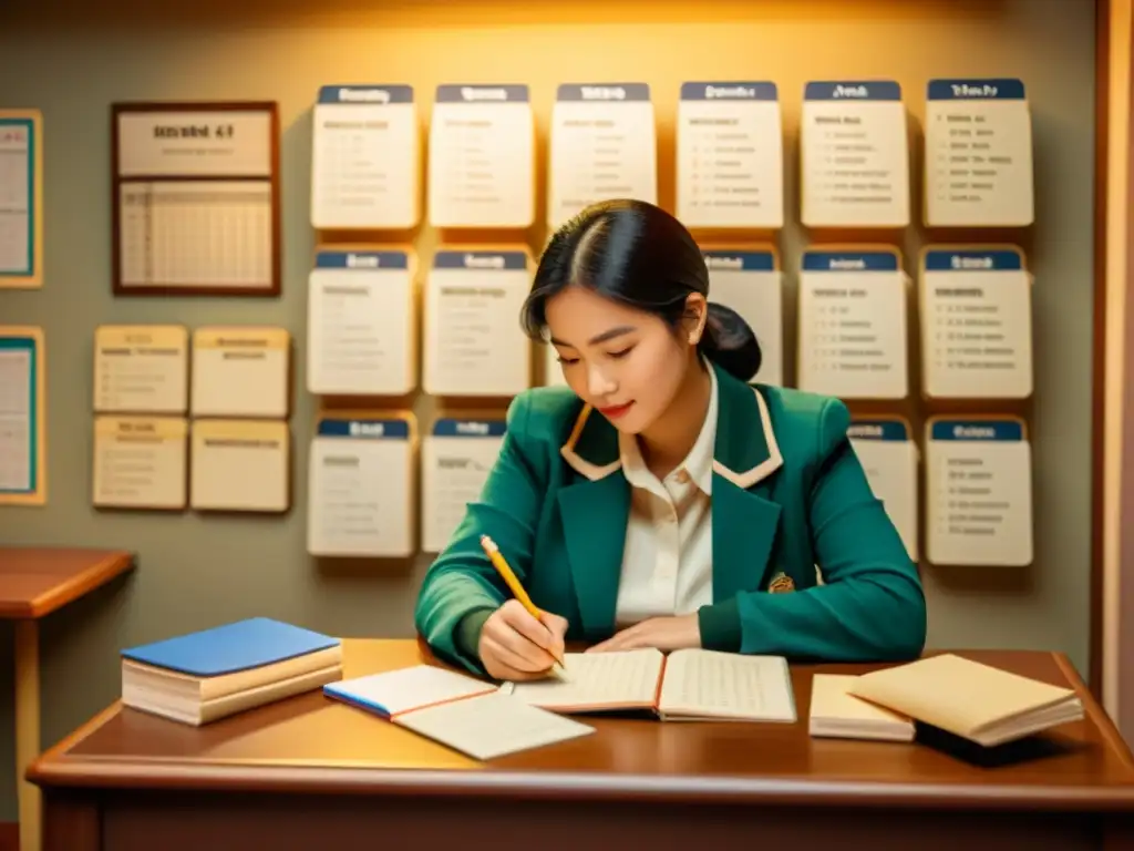 Persona rodeada de herramientas de memorización de idiomas en un ambiente acogedor y estudioso con un toque vintage