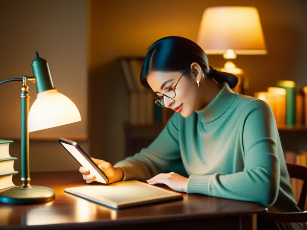 Persona estudiando rodeada de libros, usando una aplicación retro de redes sociales para aprender idiomas