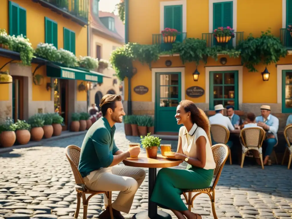 Encantador intercambio de idiomas en una cafetería vintage Dos personas tienen un animado intercambio de idiomas en un encantador café al aire libre
