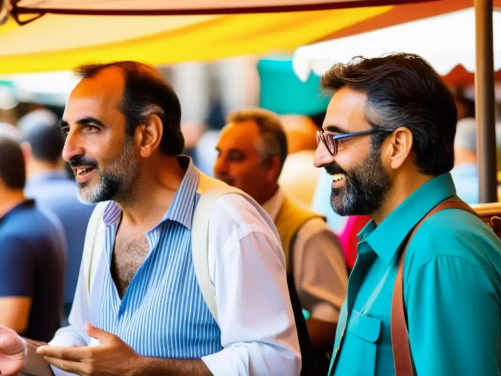 Dos personas conversan animadamente en un bullicioso mercado al aire libre en Cataluña, España, mostrando la relación entre los dialectos catalanes y castellanos