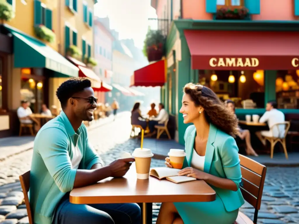 Intercambio de Idiomas en Café Vintage Dos personas disfrutan de un café al aire libre, intercambiando libros de idiomas y conversando animadamente