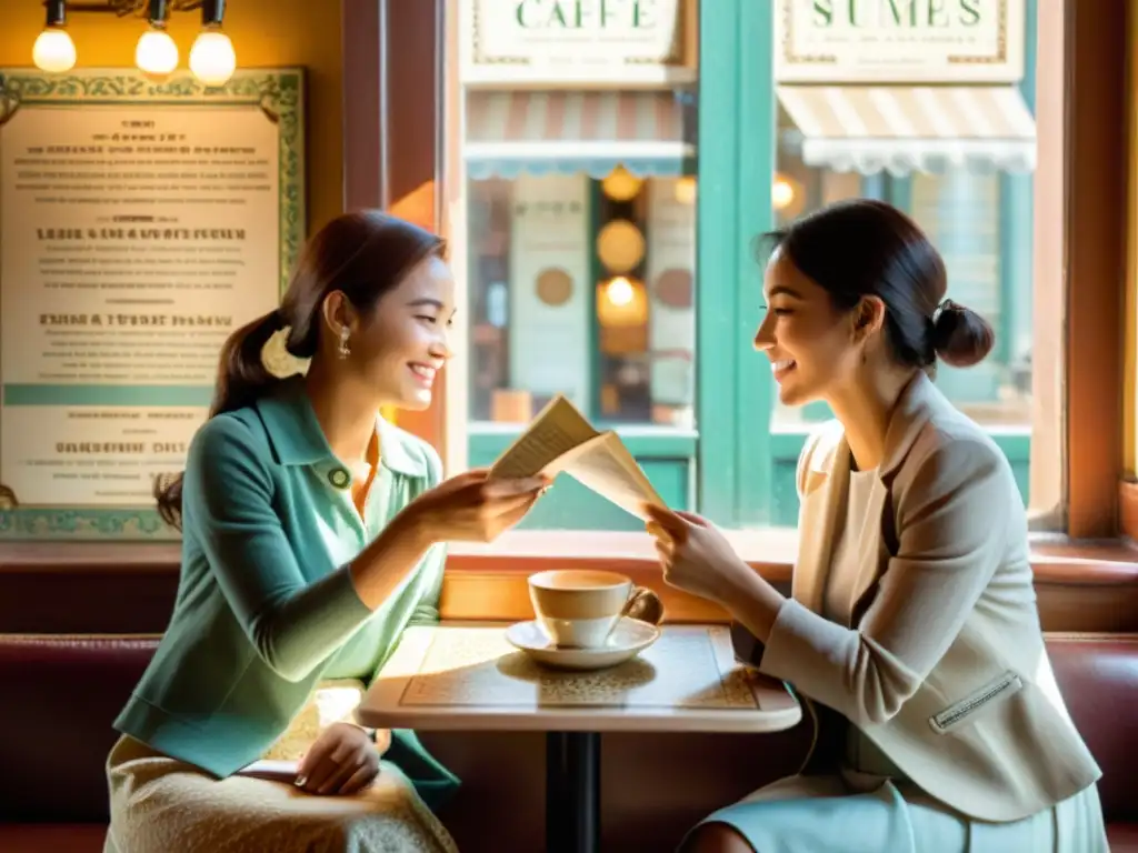 Dos personas conversan animadamente en un café vintage, sosteniendo libros de idiomas y señalando frases