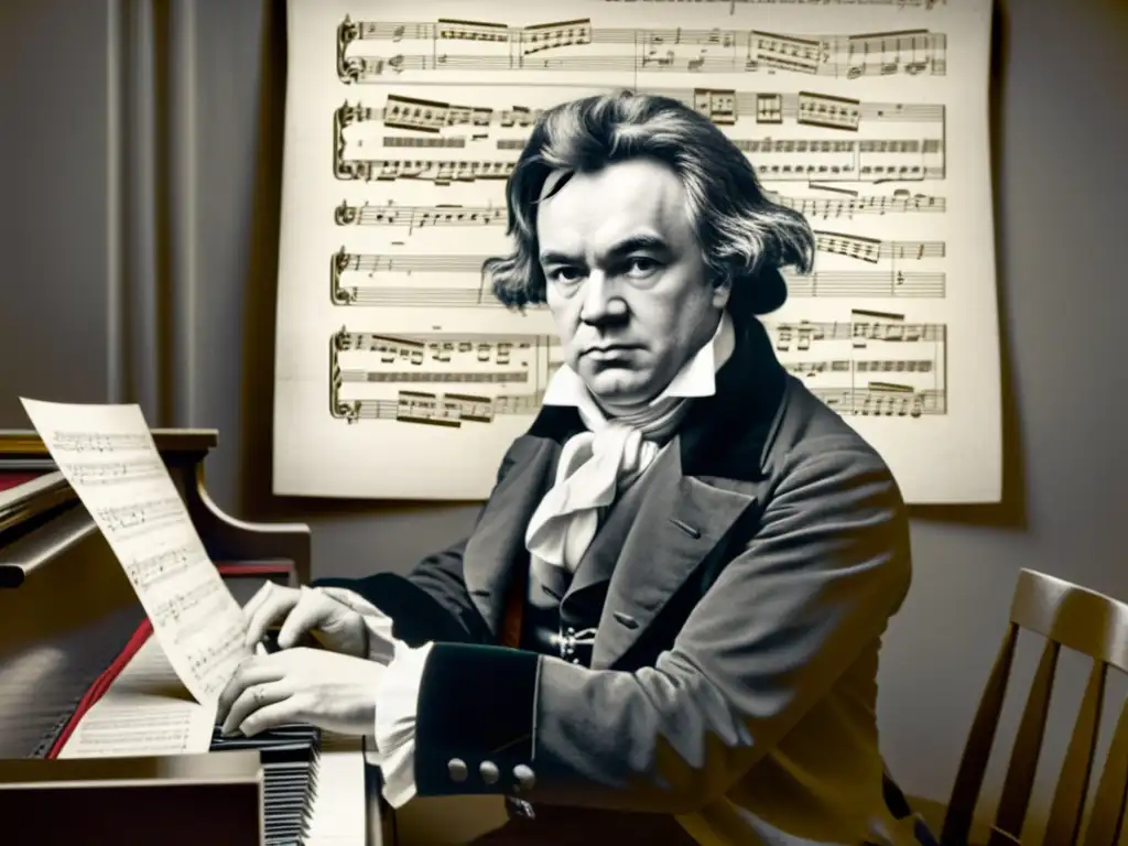 Ludwig van Beethoven componiendo música en su piano rodeado de partituras y papeles, evocando la influencia de la lengua alemana en la música