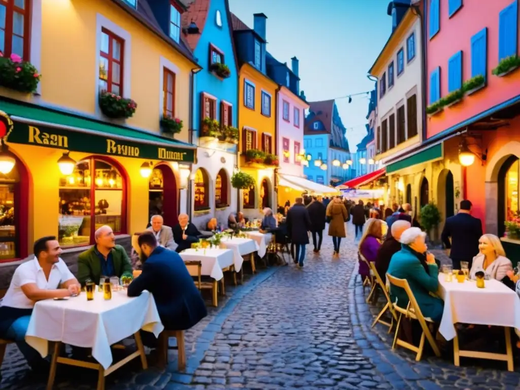 Un pintoresco y bullicioso escenario europeo con edificios coloridos, cafés al aire libre y un animado mercado callejero