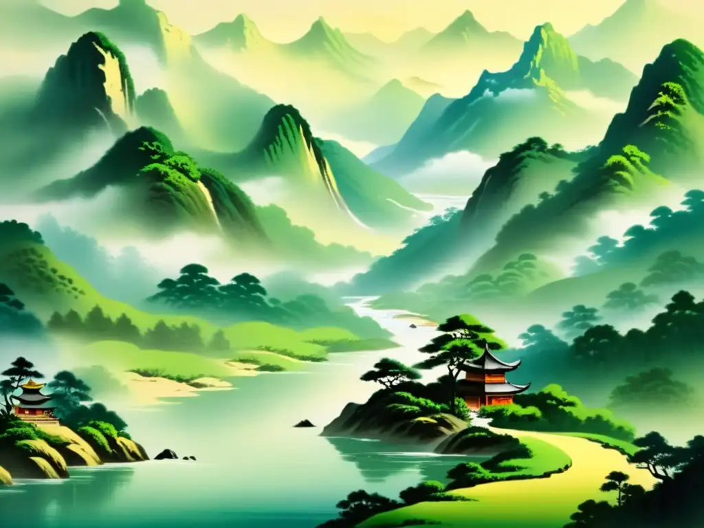 Una pintura china antigua muestra un paisaje montañoso sereno con un río