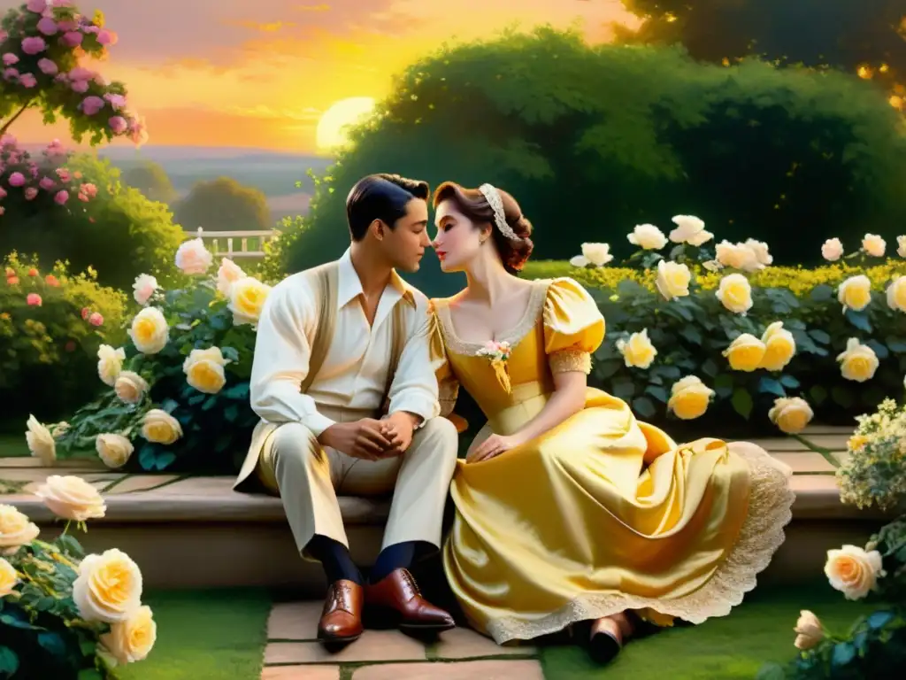 Una pintura vintage de una pareja apasionada en un jardín romántico, el hombre recita poemas románticos en distintas lenguas mientras ella escucha, rodeados de rosas en flor y un suave atardecer dorado