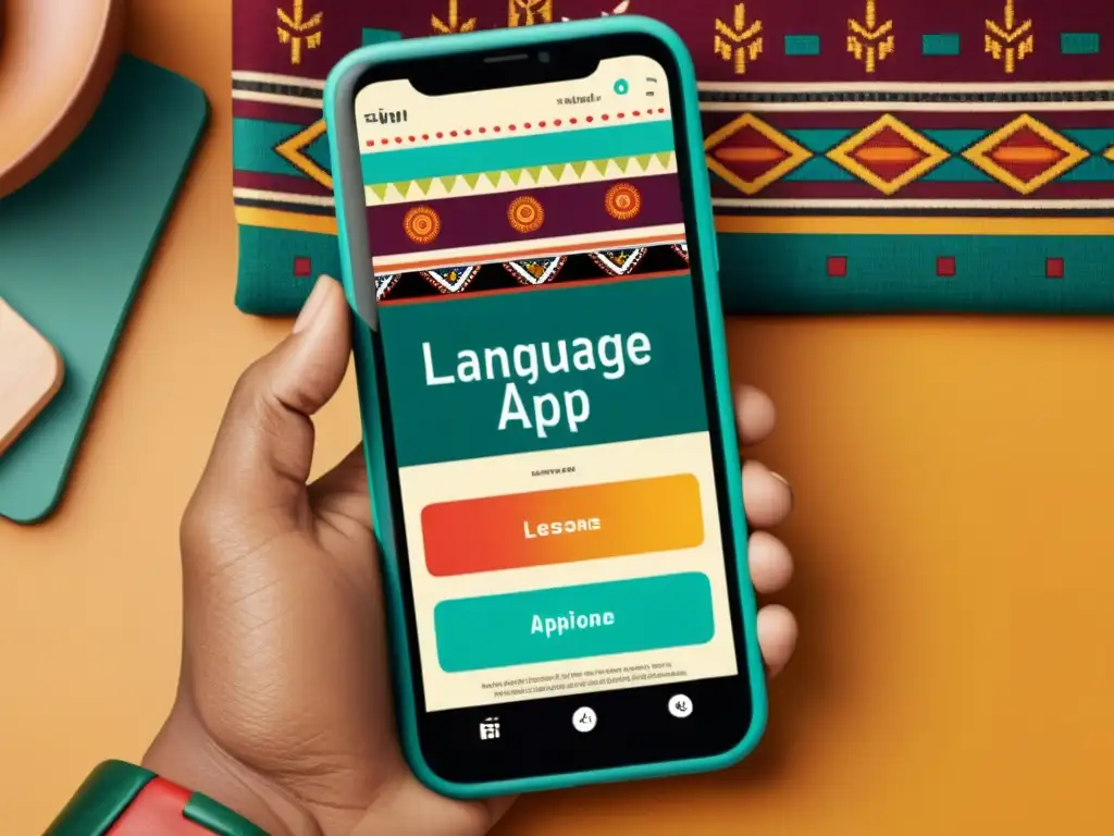 Plataformas digitales aprendizaje lenguas indígenas: Smartphone con app de lenguaje indígena y persona vestida de manera tradicional