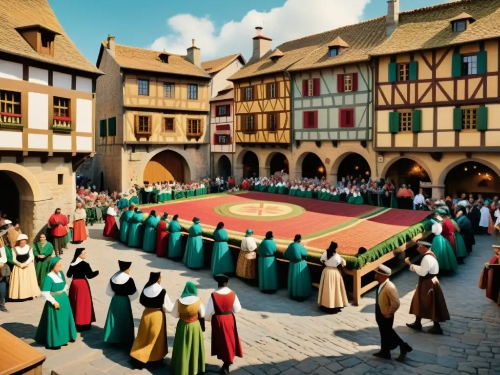 Plaza medieval bulliciosa en el País Vasco, con actividades tradicionales y vestimenta histórica, reflejando la historia de la lengua vasca en España