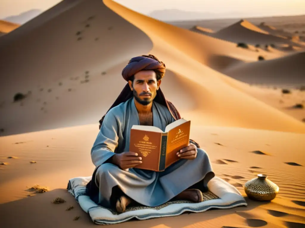 Un poeta beduino, rodeado de camellos en el desierto, lee poesía árabe al atardecer con una belleza atemporal